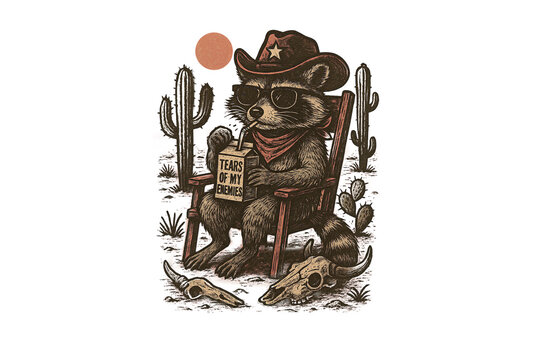 Raccoon cowboy drinking tears of my enemies in the desert Funny Raccoon Sublimation Design