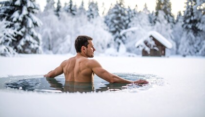 Man immersed in a frozen water hole in a snowy landscape.