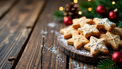 Rustic wooden table, Advent cookies, festive background, sweet, celebration