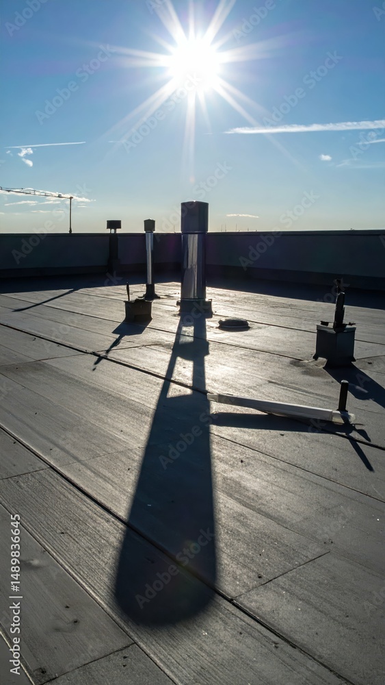 Poster rooftop world with multiple suns casting complex shadows in daylight
