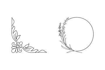 Elegant floral corner and circular lavender frame minimalist vector illustrations on white