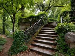 Enchanted stone staircase climbing through a verdant garden