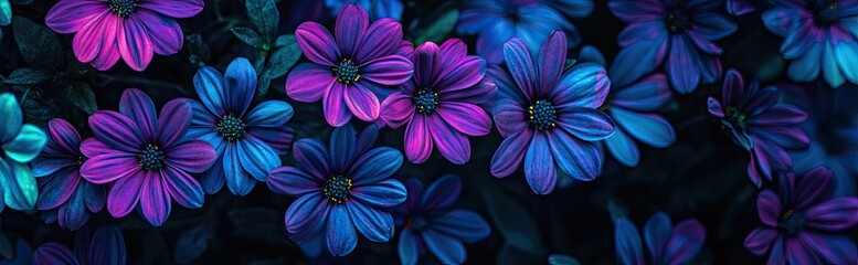 Vibrant close-up of numerous blue and purple flowers, illuminated with a surreal, almost neon glow against a dark background