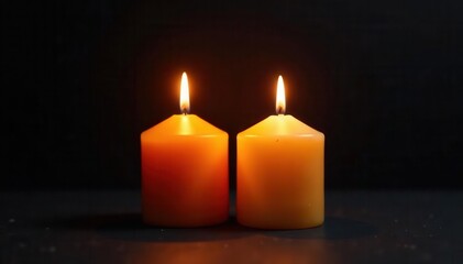 Two candles ignite each other, orange flame prominent against black , remembrance, peace, grief