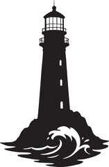 Silhouette of an old lighthouse standing tall against the ocean waves – plain white background