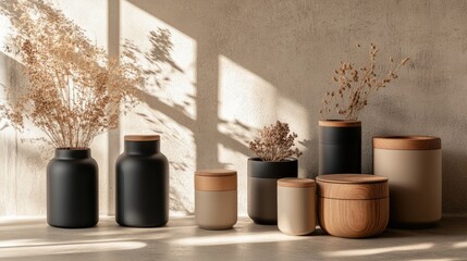 Sunlit display of minimalist matte black and beige ceramic and wooden canisters with dried floral arrangements