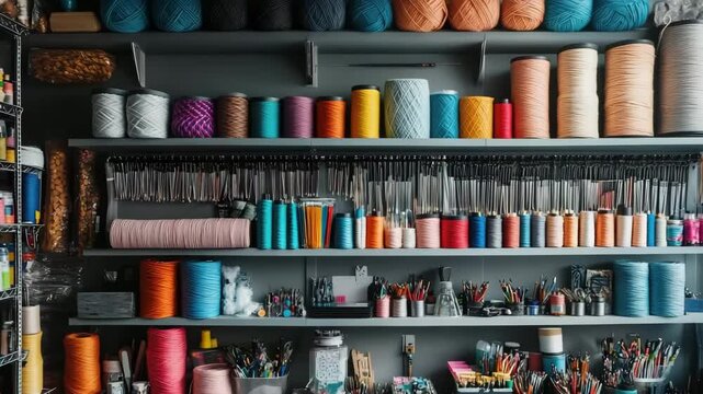 Organized Craft Room Shelves Featuring Colorful Yarn, Sewing Supplies, and Art Materials for Creative Projects and Hobbies