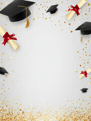 Portrait graduation layout with mortarboard and red-ribboned diploma in corner, scattered caps below falling gold confetti on light gray minimalist background for editorial celebrations