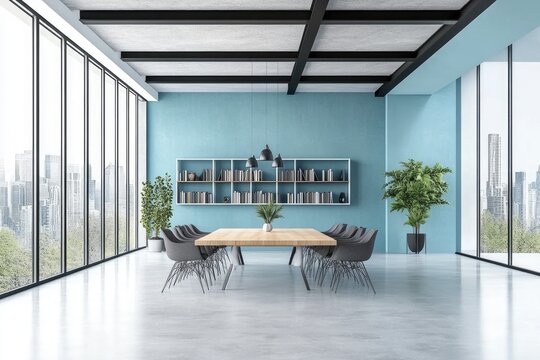 Modern light-blue office dining area with city views.  Large table,  dark chairs, built-in shelving, and floor-to-ceiling windows