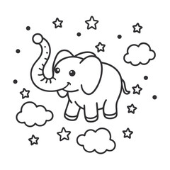 Minimalist Black and White Cute Elephant Cartoon with Stars and Clouds