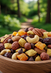A bowl of assorted trail mix, perfect for a healthy and satisfying snack.