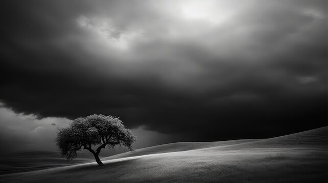 Dramatic Monochrome Landscape of Tree Under Stormy Skies with Sweeping Cloud Shadows in a Grassy Field