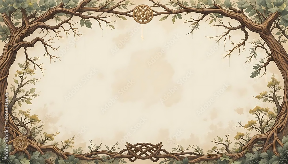 Poster tree branch border design with celtic symbol elements for invitations