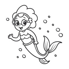 Cute Black and White Cartoon Mermaid Underwater
