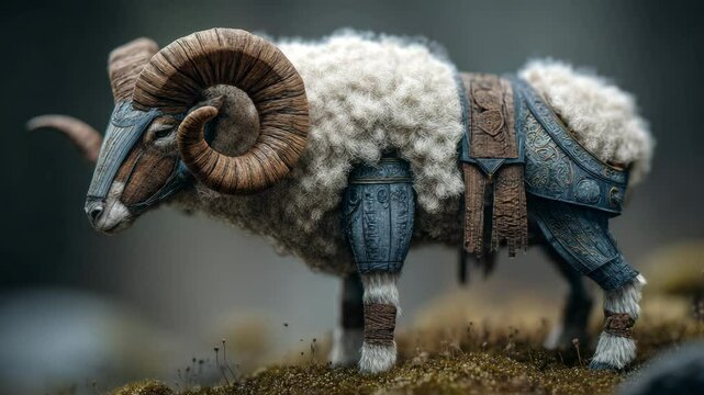 A woolly ram, adorned in intricate, dark blue armor, stands on mossy ground. The ram's fleece is off white, contrasting with the detailed metalwork.  Dark, moody lighting enhances the textures.