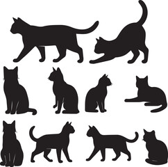 Realistic Black Cat Silhouettes in Different Poses, vector isolated silhouette cat set 