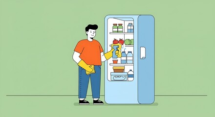 Man in gloves cleaning and organizing an open refrigerator. Household chore, kitchen maintenance, and hygiene concept.