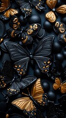 A black and gold butterfly design with a gold center