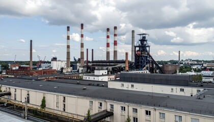 Industrial Rooftop View with Smokestacks and Machinery in Cityscape