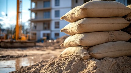 Burlap sandbags stacked on construction site building under construction in background