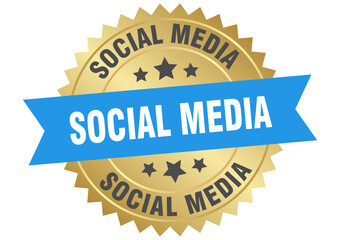 social media. social media round blue and gold label isolated on transparent background