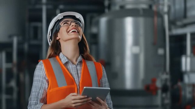 Optimistic Engineer: A female engineer stands proudly in a contemporary industrial facility, showcasing her dedication with a tablet in hand. A striking example of precision, technology.