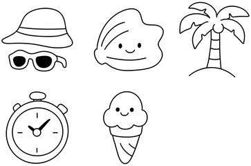 Fun summer day at beach includes sun hat sunglasses shell palm tree stopwatch and ice cream
