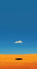 Fototapeta premium Empty space, vast horizon, solitary cloud over a golden plain, a dark void in the center