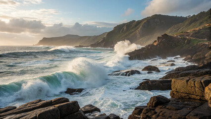 Fototapeta premium The ocean is rough and the waves are crashing against the rocks
