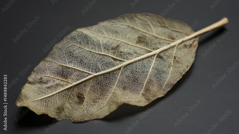 Poster dried leaf surface in beige tones with fragile vein patterns against a dark background