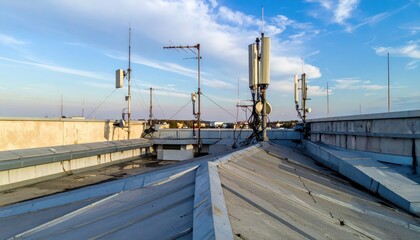 Naklejka premium Rooftop View of Communication Tower and Antenna Array at Sunset