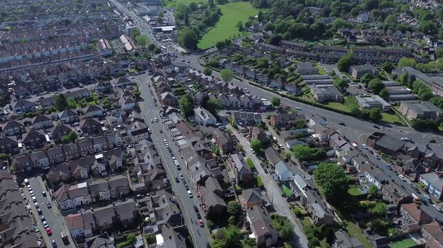 Aerial view of Oxton, Merseyside &ndash; historic homes, leafy streets, and urban charm captured in high-resolution drone photography. Ideal for editorial, real estate, and travel use.