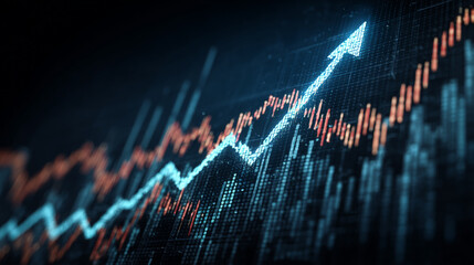 A compelling digital visualization showcasing a bold blue arrow pointing upward on a financial graph, symbolizing strong business growth and upward market trends. Generative AI