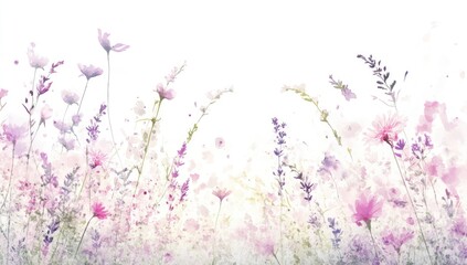 Delicate floral field, pastel hues.  Soft, dreamy wildflowers in varying shades of pink, purple, and lavender, floating in a gentle breeze.  Blending colors and textures create a tranquil scene © adha
