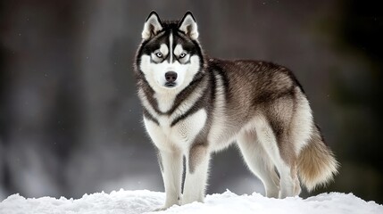 Naklejka premium Majestic Siberian Husky Stands Proudly in a Snowy Landscape with Striking Blue Eyes and Thick Fur