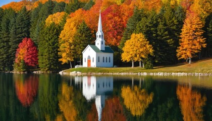 Obraz premium Autumnal Serenity: Church by the Lake