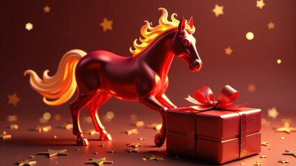 Fiery horse with gift box and stars in a festive scene. New Year's background