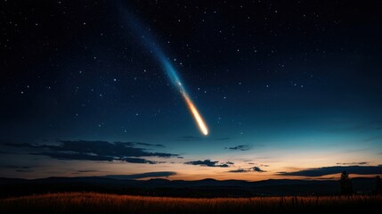 A bright comet glides through a clear night sky, leaving a glowing trail as stars twinkle above. The scene captures the beauty of twilight over rolling hills and a serene landscape