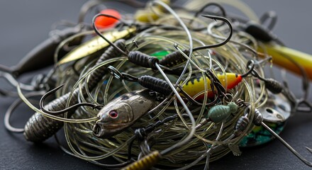 A Close-Up Shot of Fishing Tackle: Hooks, Lures, and Line Tangled Together