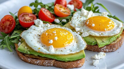 Breakfast plate showcases two sunny side up eggs atop avocado slices on whole grain toast. Fresh cherry tomatoes and arugula add color and flavor to the meal