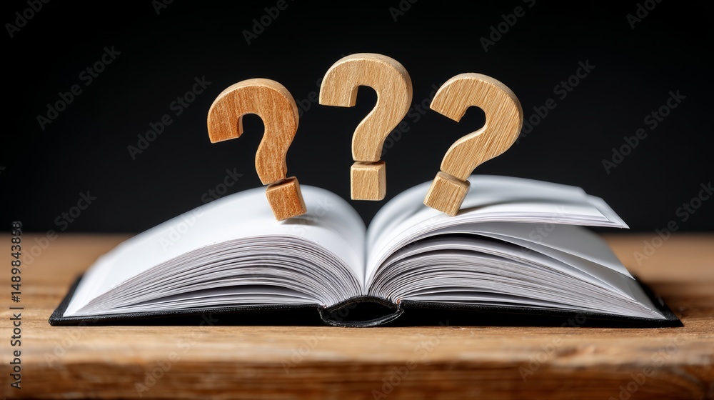 Aufkleber three wooden question marks are placed on top of an open book, which is sitting on a wooden table. t