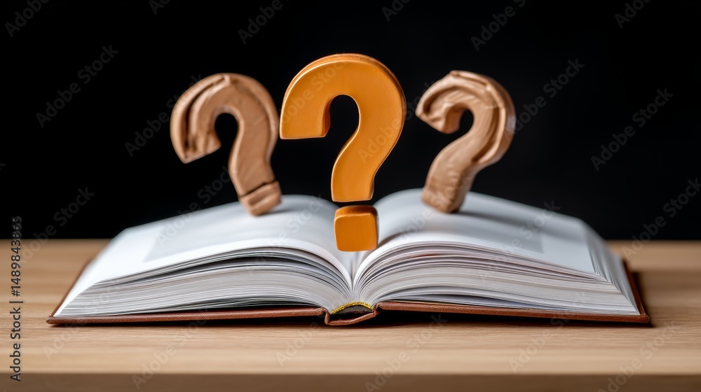 Aufkleber book with three question marks on the pages. the book is open to a page with a question mark on it