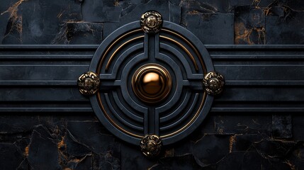 Obraz premium A striking circular design features a golden sphere at the center, surrounded by intricate patterns on a dark textured surface. The details convey elegance and craftsmanship
