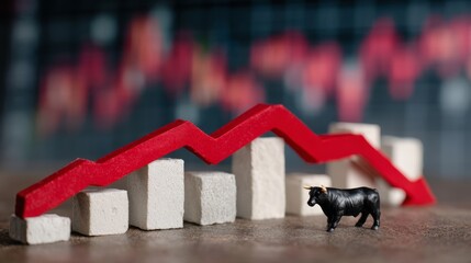 Bull is standing in front of a red line that is going down. The bull is small and black