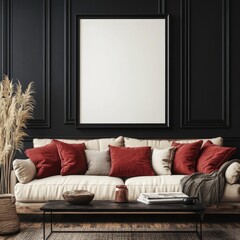 A beige linen sofa with red pillows sits before a large, blank framed canvas against a dark-paneled wall. A coffee table displays books and a bowl. Pampas grass sits in a woven basket to the left