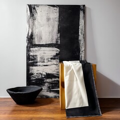 Abstract decor panel beside folded cloth and black accent.