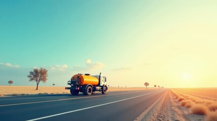 Fototapeta premium A lone tanker truck journeys along a straight highway during a picturesque sunrise, traversing a vast and serene landscape under a clear sky.
