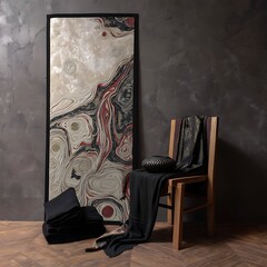 Abstract decor panel beside folded cloth and black accent.