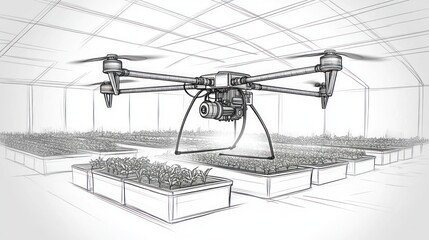 Drone spraying plants in greenhouse; agriculture tech