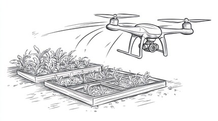 Fototapeta premium Drone surveying raised garden beds, outdoor agriculture